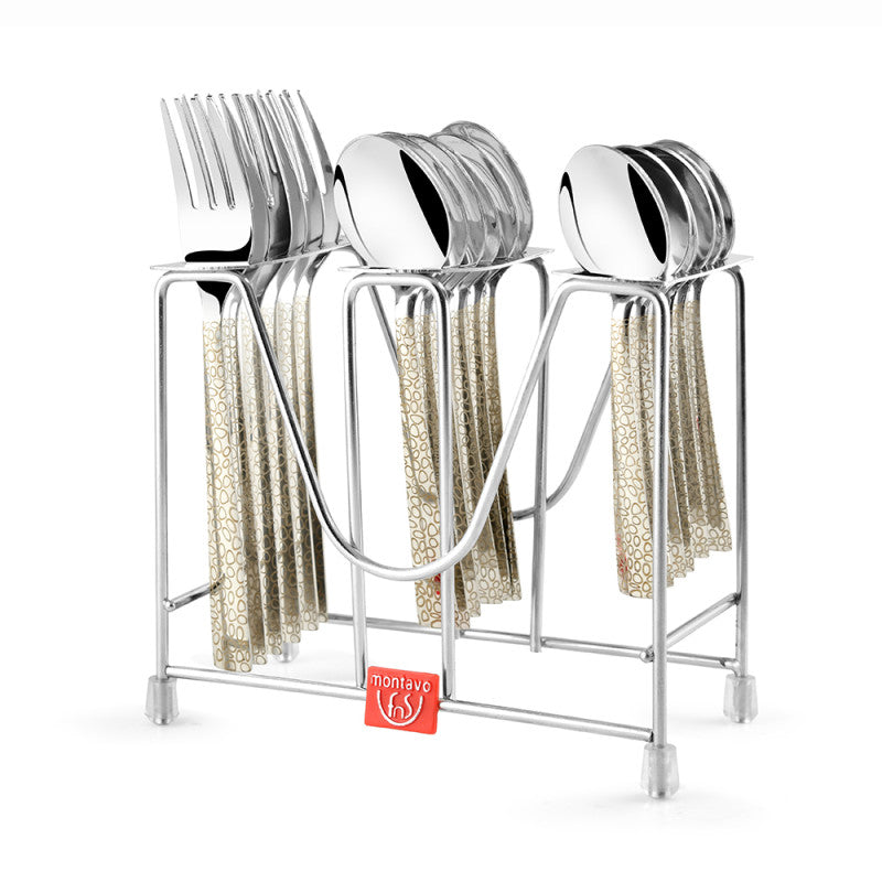 Organized 24-piece cutlery set with patterned handles displayed in sleek stainless steel storage stand.