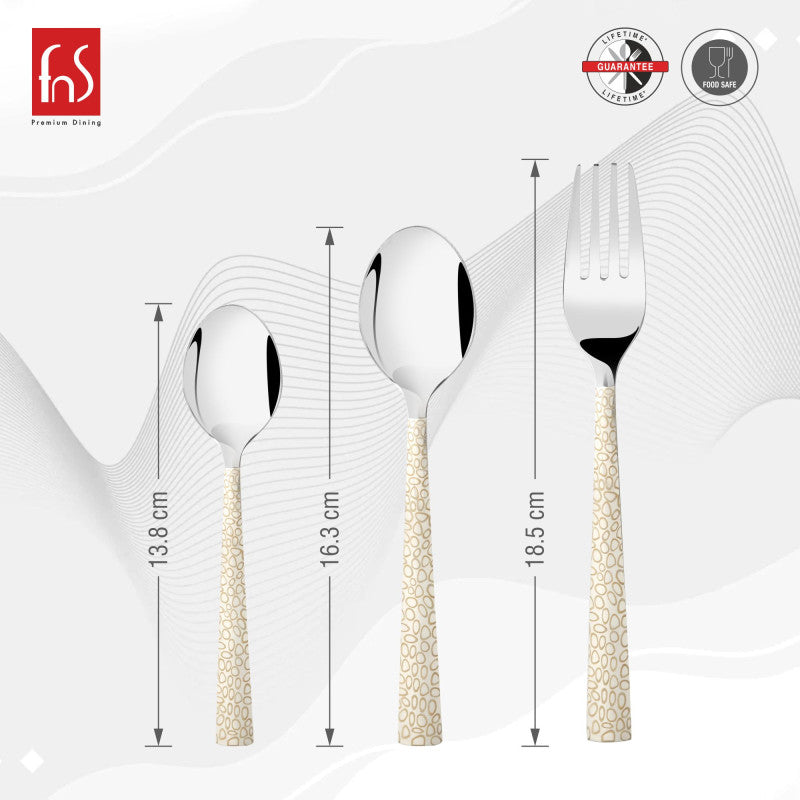 Detailed product image showing cutlery lengths: 13.8 cm, 16.3 cm, and 18.5 cm with brand icons.