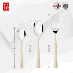 Detailed product image showing cutlery lengths: 13.8 cm, 16.3 cm, and 18.5 cm with brand icons.