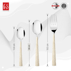 FNS cutlery set with spoon, fork, and teaspoon featuring patterned handles, highlighting features like stainless steel, mirror finish, dishwasher safe, easy to clean, and food grade.