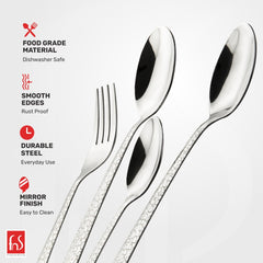 Close-up of spoon and fork with bubble-textured handles and icons highlighting durability and safety features.