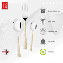 Three-piece cutlery set with elegant patterned handles showing measurements: teaspoon (13.8 cm), tablespoon (18 cm), and fork (18.5 cm), from FNS Premium Dining.