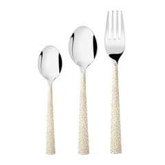 Stylish fork, tablespoon, and teaspoon with patterned white-and-gold handles displayed vertically on white.