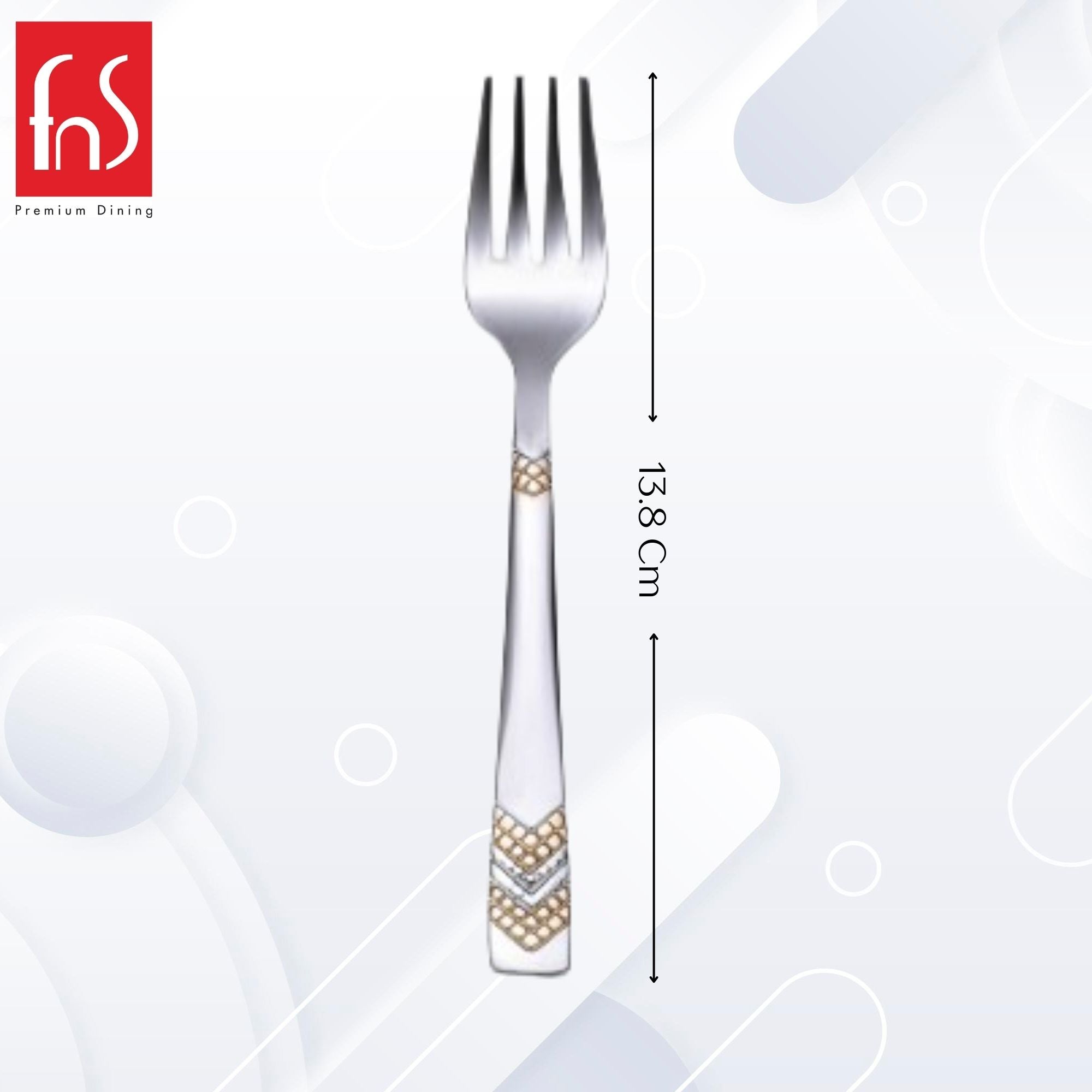 Single stainless steel fruit fork measuring 13.8 cm with decorative gold chevron pattern on handle, Premium Dining brand