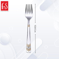 Single stainless steel fruit fork measuring 13.8 cm with decorative gold chevron pattern on handle, Premium Dining brand