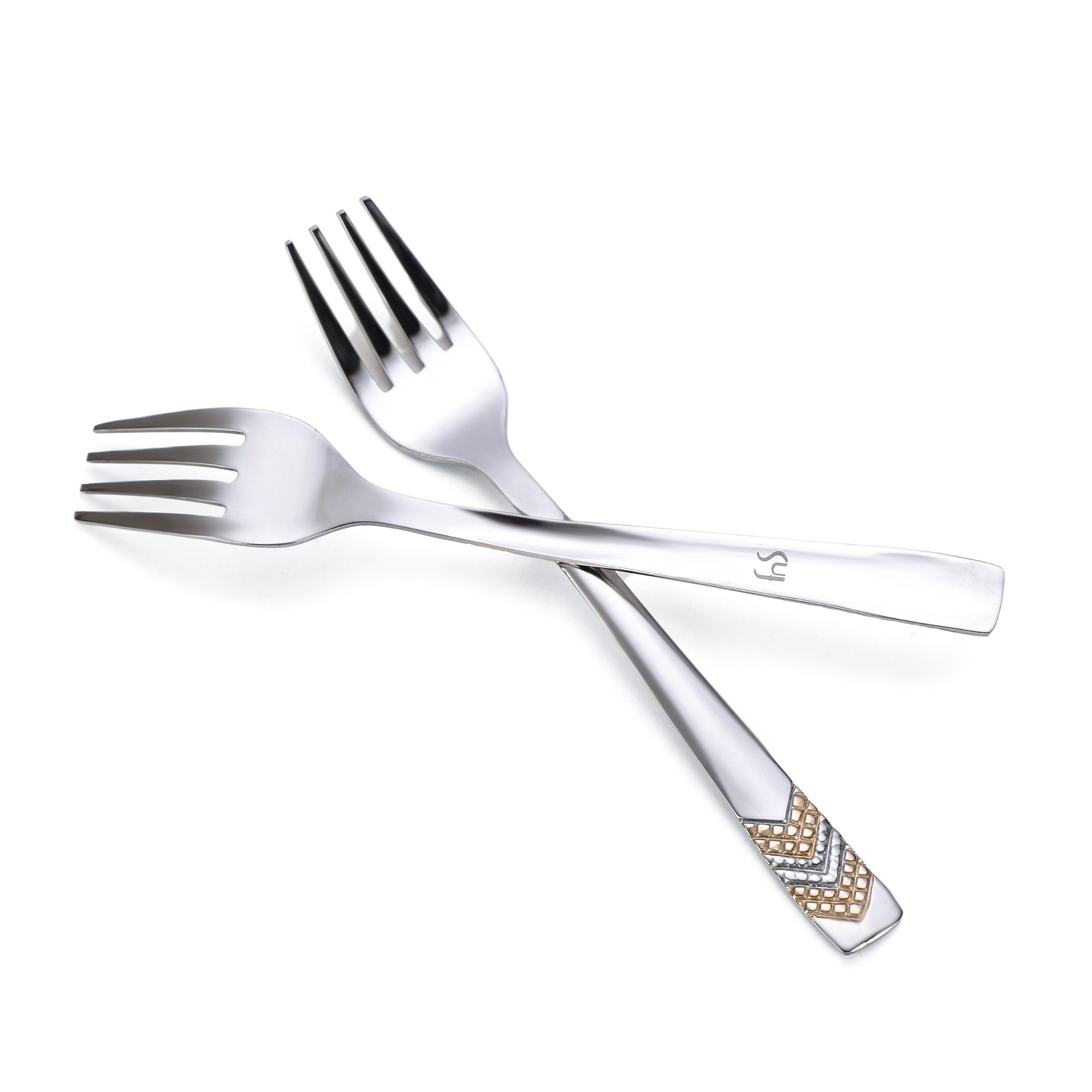 Two crossed stainless steel fruit forks with geometric gold chevron handles, showing premium construction and elegant design