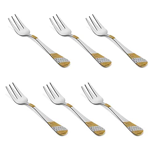 Six small fruit forks arranged in two rows, featuring matching geometric gold chevron patterns on stainless steel handles