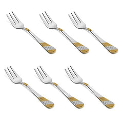Six small fruit forks arranged in two rows, featuring matching geometric gold chevron patterns on stainless steel handles