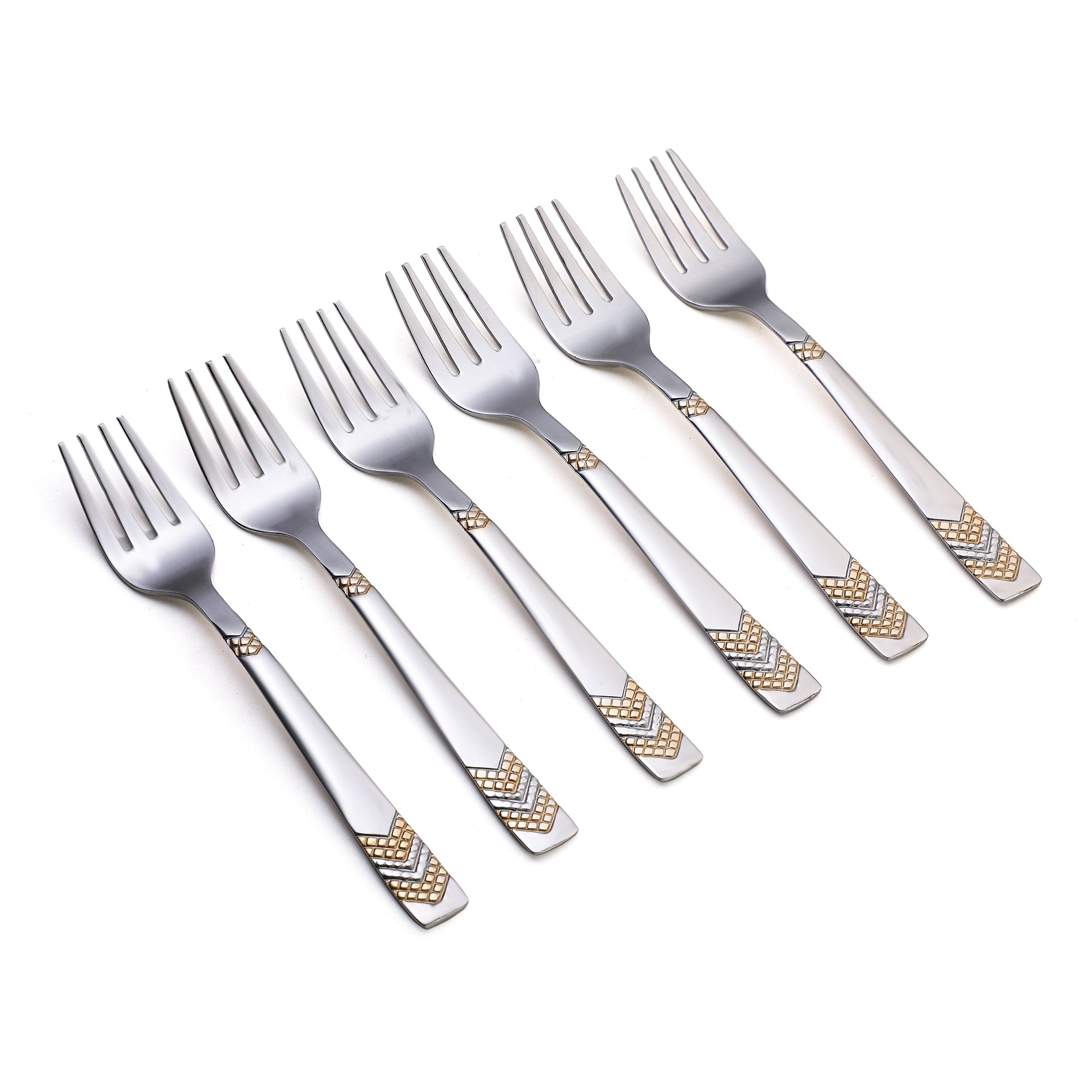 Six fruit forks with geometric chevron patterns displayed diagonally, showcasing premium stainless steel construction and gold accentsRetry