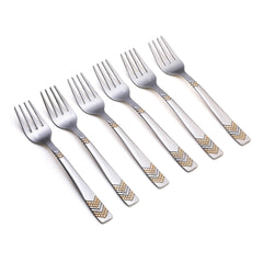 Six fruit forks with geometric chevron patterns displayed diagonally, showcasing premium stainless steel construction and gold accentsRetry