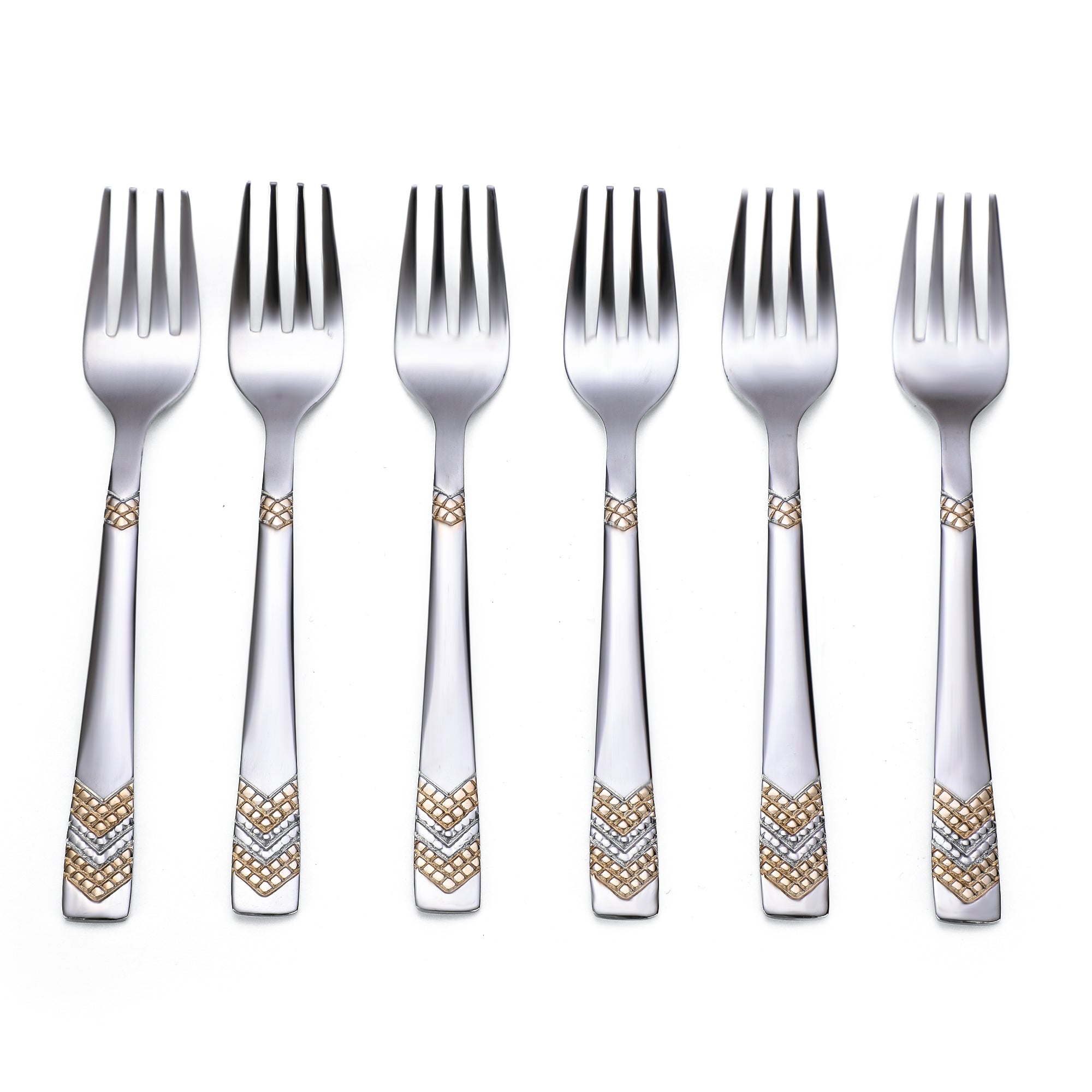 Set of six matching fruit forks with geometric gold and silver chevron patterns arranged in row formation