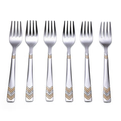 Set of six matching fruit forks with geometric gold and silver chevron patterns arranged in row formation