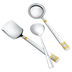 FNS Raga gold plated 3-piece serving set displaying rice server, gravy ladle, and large serving spoon in scattered arrangement with handle detail