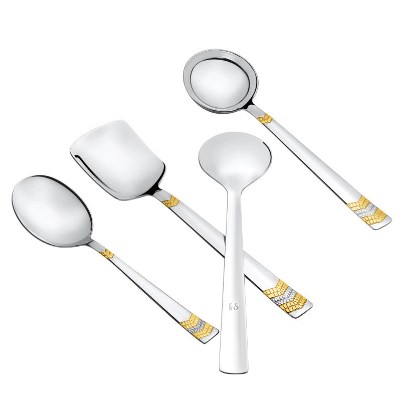FNS Raga gold plated serving spoon set displaying rice server, large vegetable spoon, gravy ladle, and serving spoon in scattered arrangement