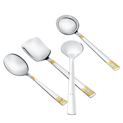 FNS Raga gold plated serving spoon set displaying rice server, large vegetable spoon, gravy ladle, and serving spoon in scattered arrangement