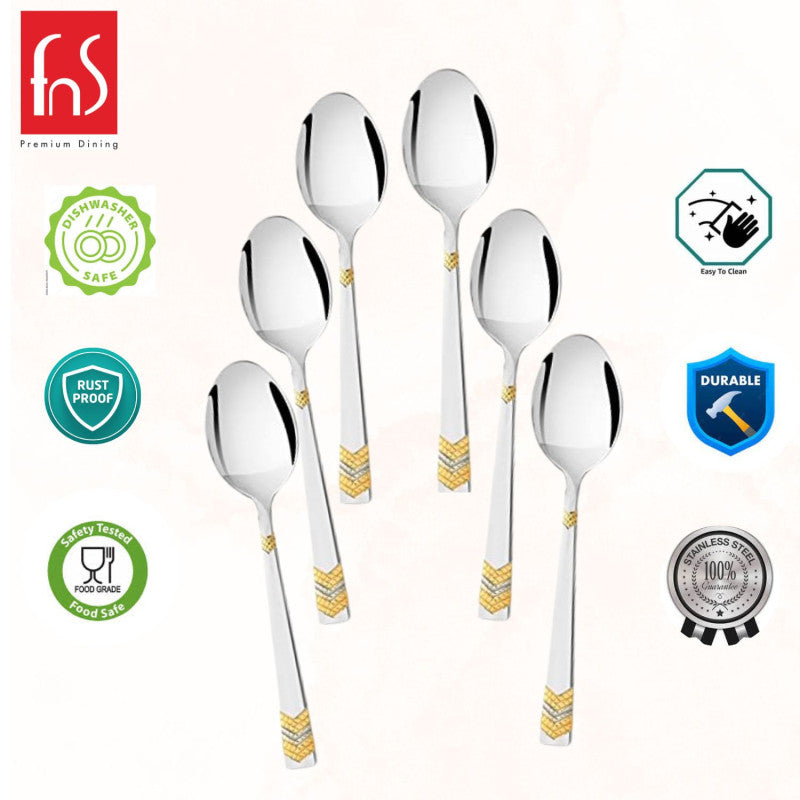 Six teaspoons with gold chevron handles displayed with product badges: dishwasher safe, rust proof, food grade safe, easy clean, durable, stainless steel certification