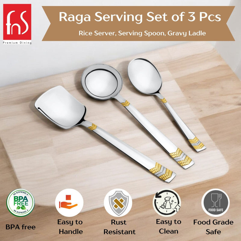 FNS Raga serving set features infographic on wooden board highlighting BPA-free, easy to handle, rust resistant, easy to clean, and food-grade safe