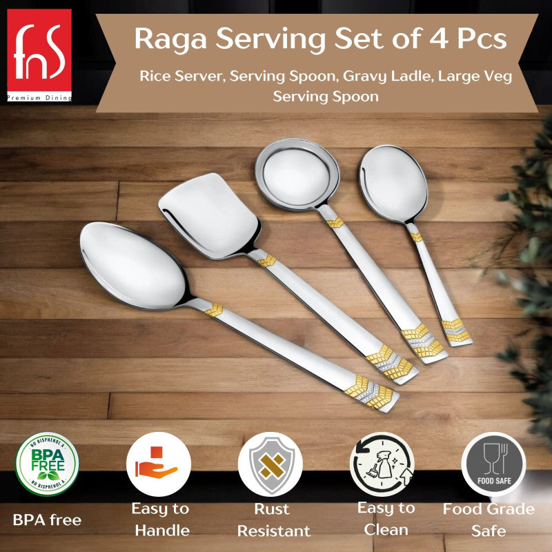 FNS Raga serving set features infographic highlighting BPA-free, easy to handle, rust resistant, easy to clean, and food-grade safe properties