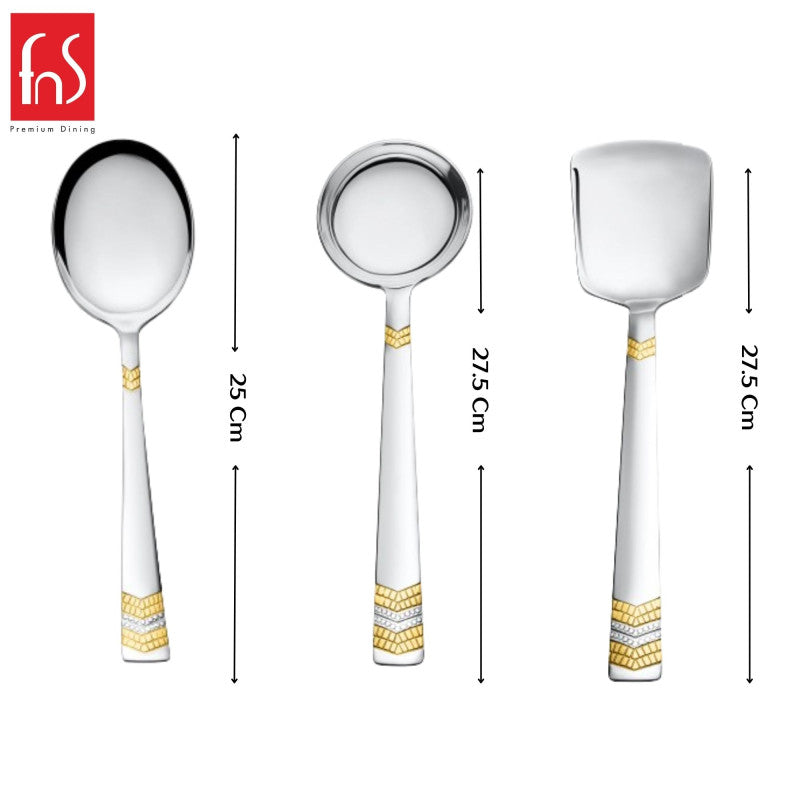 FNS Raga 3-piece serving spoon set dimensions chart showing large veg serving 27.5 cm, gravy ladle 27.5 cm, and large serving spoon 25 cm
