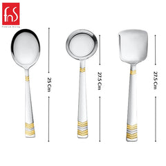 FNS Raga 3-piece serving spoon set dimensions chart showing large veg serving 27.5 cm, gravy ladle 27.5 cm, and large serving spoon 25 cm