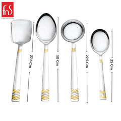 FNS Raga serving spoon set dimensions chart showing rice server 27.5 cm, large veg spoon 30 cm, gravy ladle 27.5 cm, serving spoon 25 cm