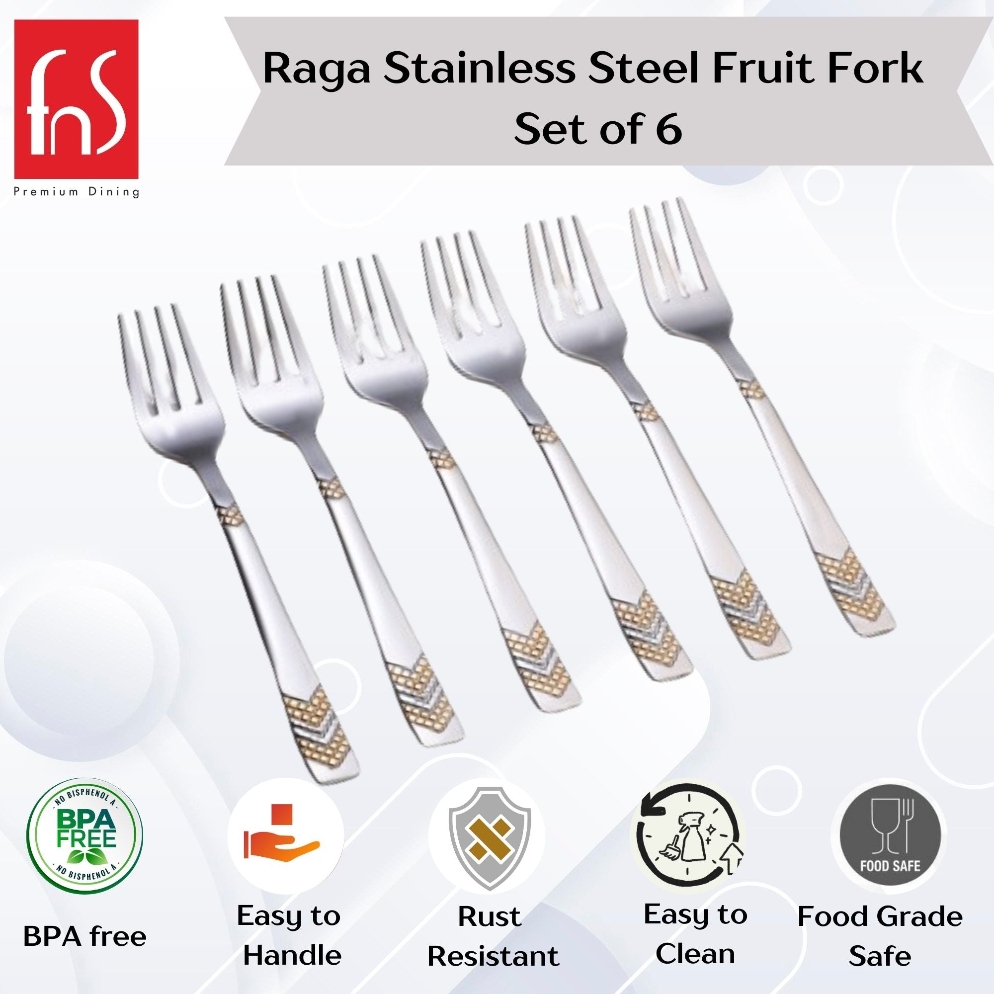Raga stainless steel fruit fork set of six with geometric gold pattern handles, featuring BPA-free and rust-resistant properties