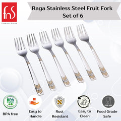 Raga stainless steel fruit fork set of six with geometric gold pattern handles, featuring BPA-free and rust-resistant properties