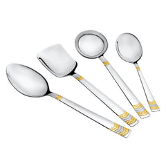 FNS Raga 4-piece serving utensil set showcasing mirror finish with gold accent chevron pattern on handles at angled perspective view
