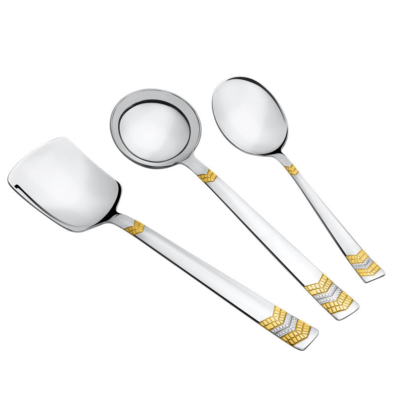 FNS Raga 3-piece serving utensil set showcasing mirror finish with gold accent chevron pattern on handles at angled perspective white background