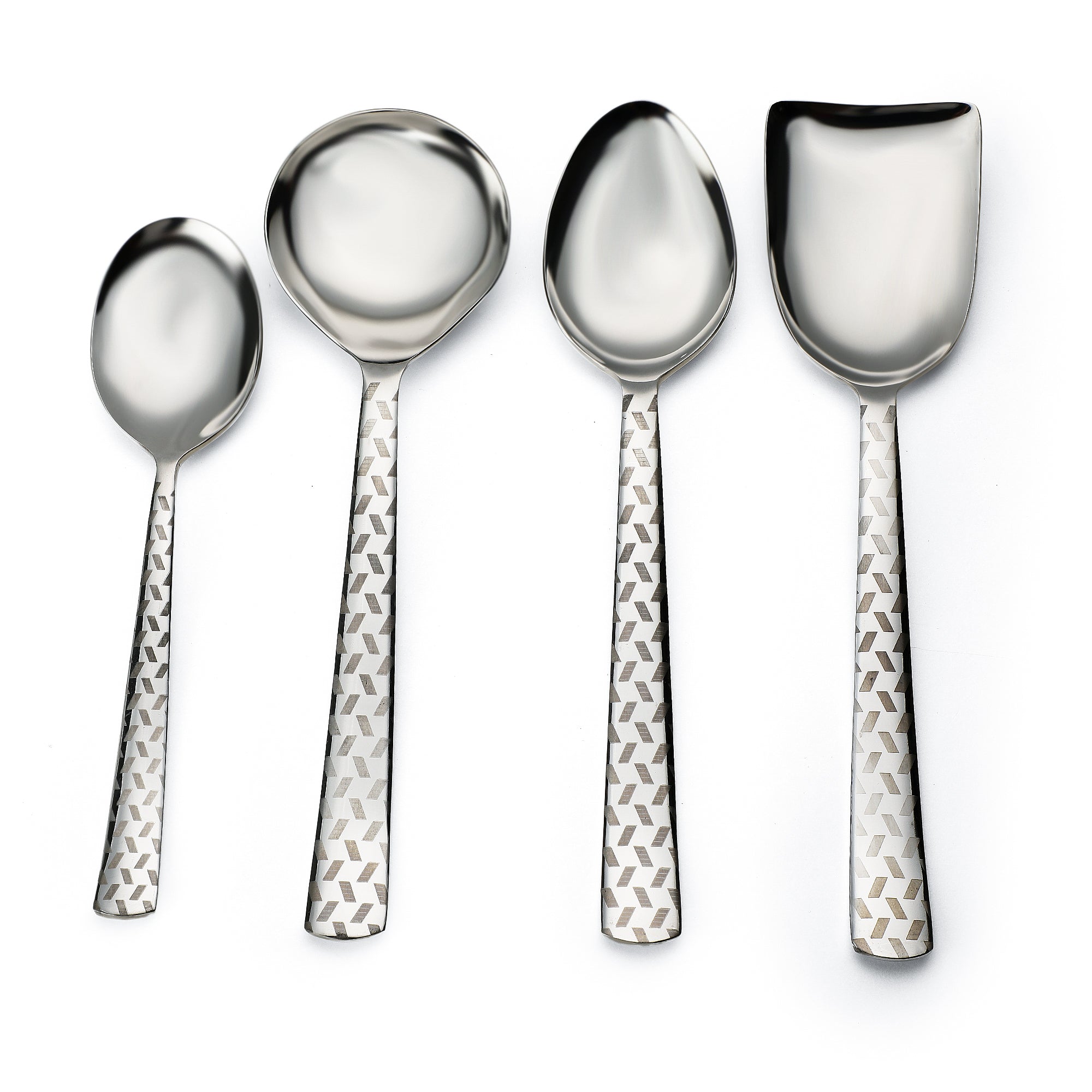 FNS Rhombo 4-piece serving set including ladle, rice server, and two serving spoons with decorative laser-etched geometric handles