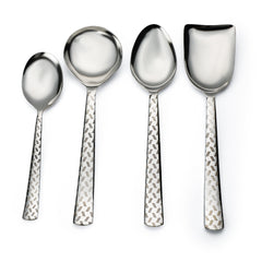 FNS Rhombo 4-piece serving set including ladle, rice server, and two serving spoons with decorative laser-etched geometric handles
