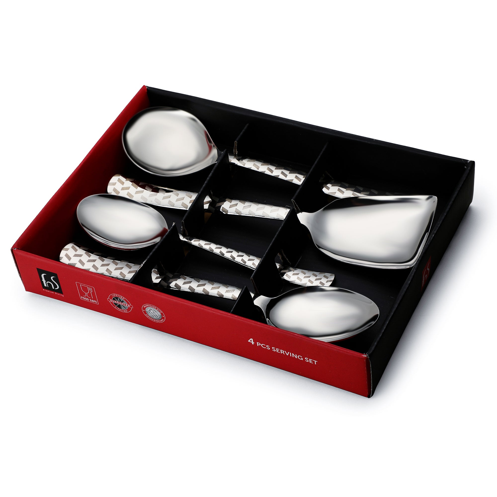 FNS Rhombo 4-piece serving spoon set displayed in premium red and black gift box packaging with window display