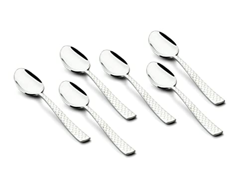 Six large dinner spoons with a unique diamond-patterned handle design shown on white surface.