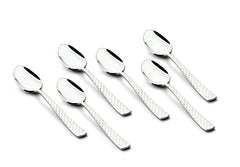Six large dinner spoons with a unique diamond-patterned handle design shown on white surface.