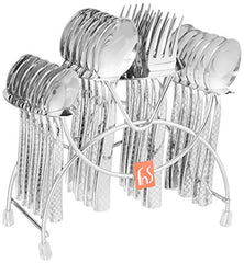 Stainless steel cutlery set with textured handles neatly arranged in chrome hanging stand, isolated on white.