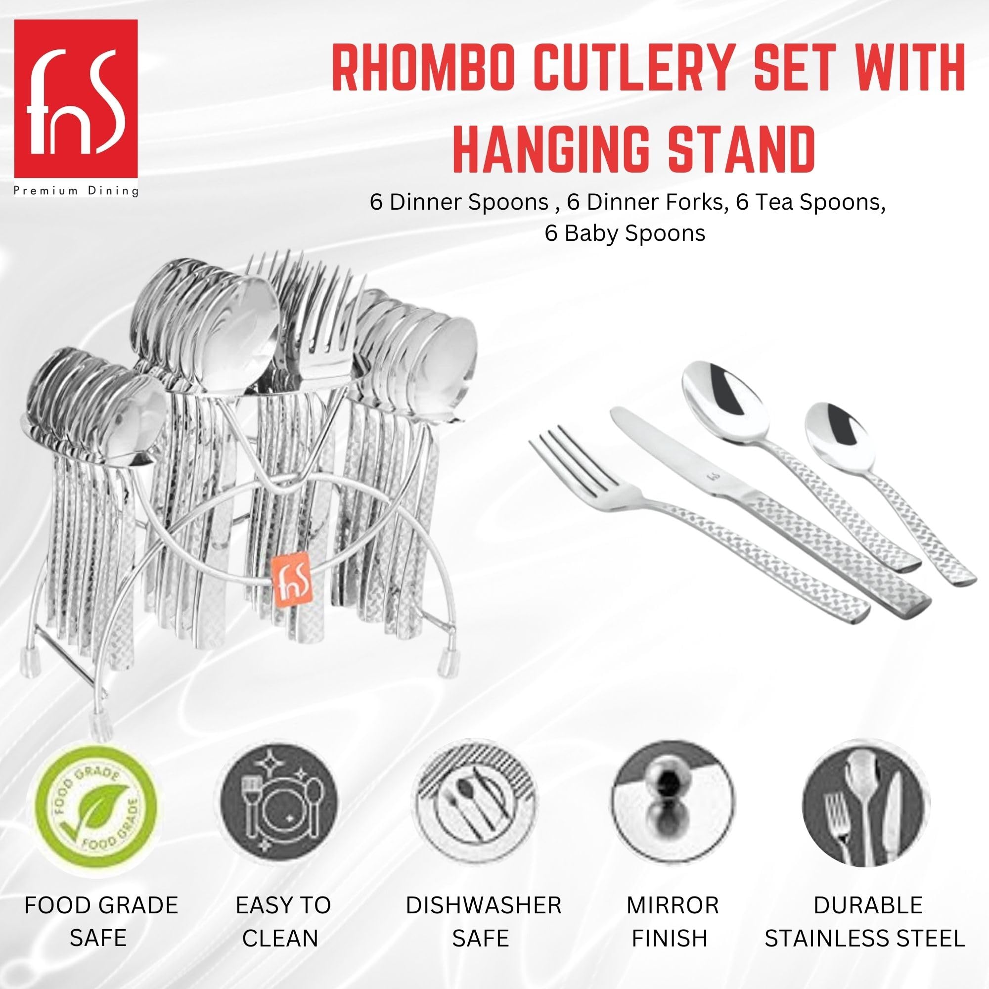 Rhombo cutlery set with stand, features highlighted: food grade, mirror finish, dishwasher safe, durable.