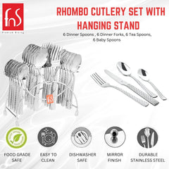 Rhombo cutlery set with stand, features highlighted: food grade, mirror finish, dishwasher safe, durable.