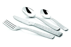 Close-up of one fork, knife, dinner spoon, and baby spoon with elegant textured handles.