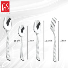 Four stainless steel cutlery items labeled with lengths: 18cm spoon, 14cm teaspoon, 16.5cm fork, 18cm spoon.