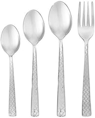 Set of spoon, teaspoon, tablespoon, and fork with geometric textured handles displayed on white background.