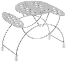 Chrome-plated cutlery hanging stand with three slotted sections and rubber feet shown without utensils.