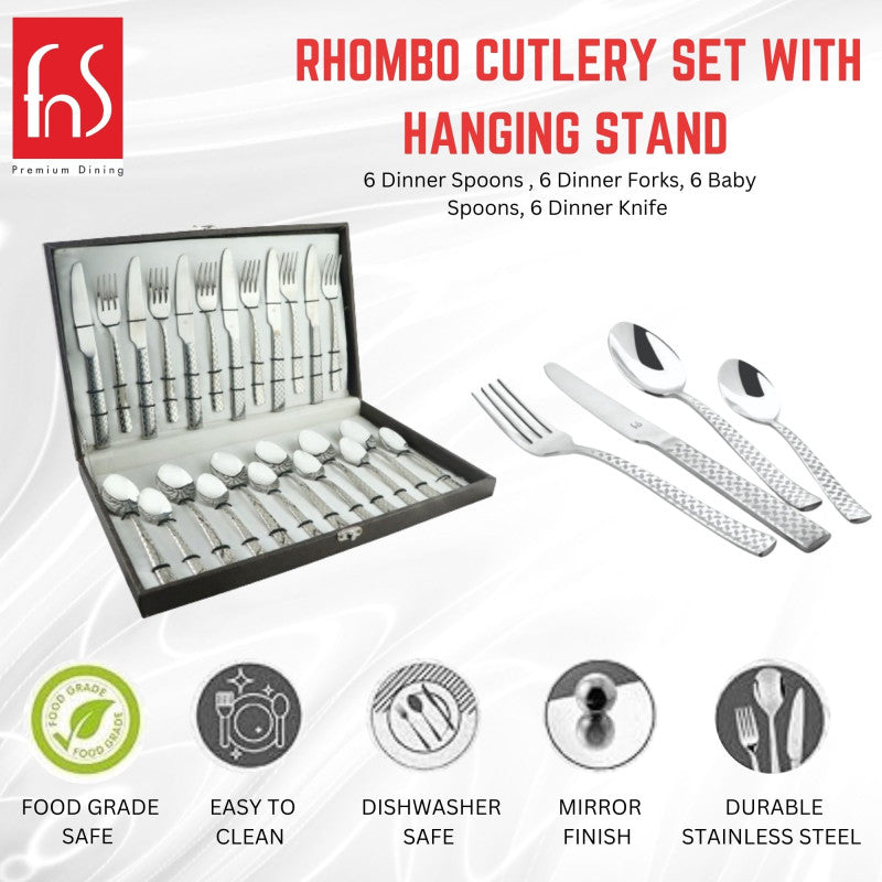 Promotional image of Rhombo cutlery set with product box, utensils, and key features highlighted below.