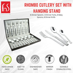 Promotional image of Rhombo cutlery set with product box, utensils, and key features highlighted below.