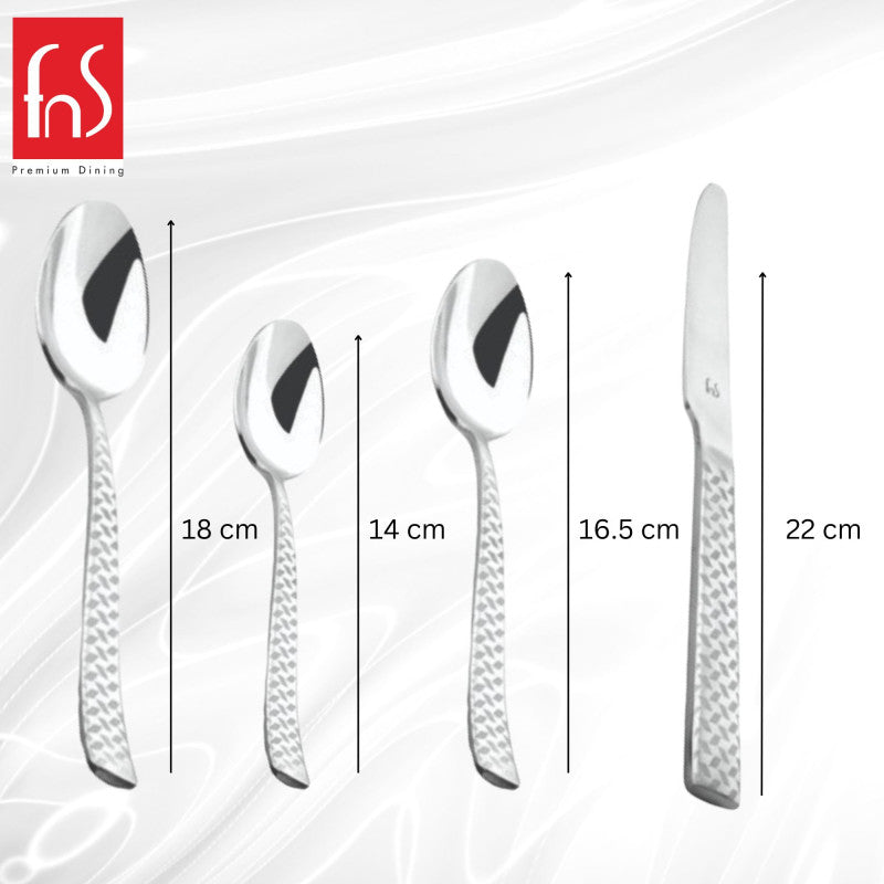 Four Rhombo cutlery pieces with measurements: dinner spoon, baby spoon, dessert spoon, and knife on white backdrop.