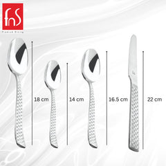 Four Rhombo cutlery pieces with measurements: dinner spoon, baby spoon, dessert spoon, and knife on white backdrop.