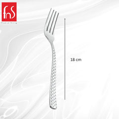 A single Rhombo dinner fork with a patterned handle shown vertically with a labeled length of 18 cm.