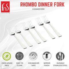 Promotional image for FNS Rhombo Dinner Fork set with six forks displayed. Includes product features like food-grade safe, easy to clean, dishwasher safe, mirror finish, and durable stainless steel.