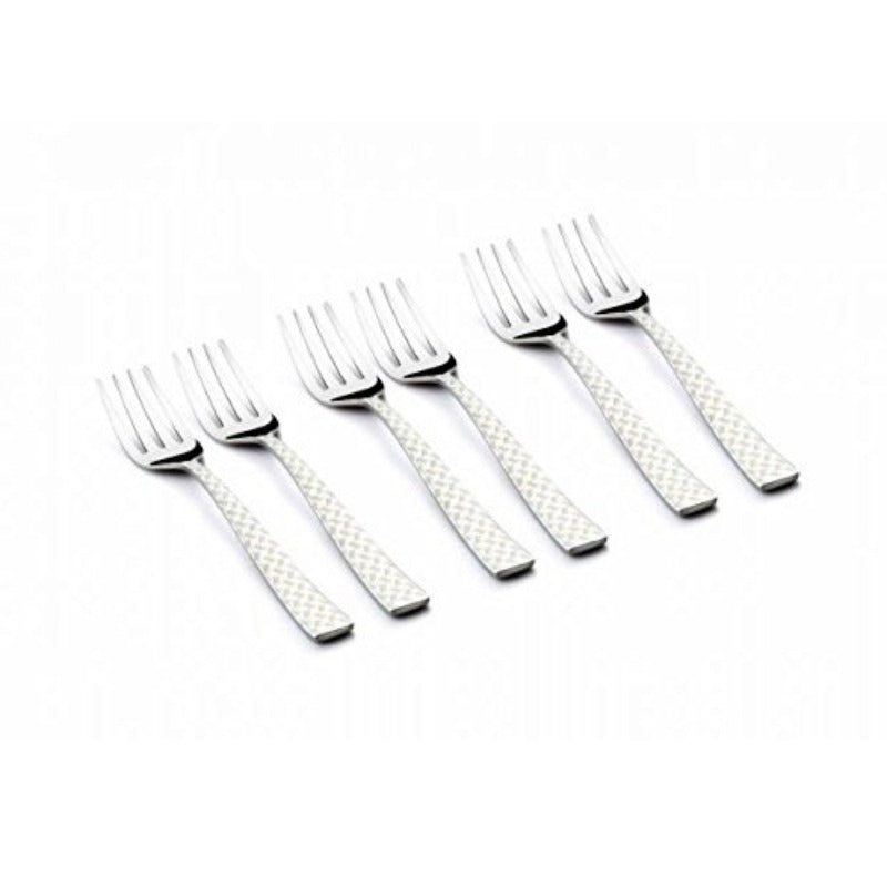A set of five stainless steel dinner forks with a rhombo pattern on the handles, arranged diagonally on a white background.