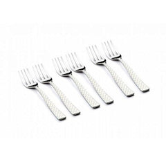 A set of five stainless steel dinner forks with a rhombo pattern on the handles, arranged diagonally on a white background.