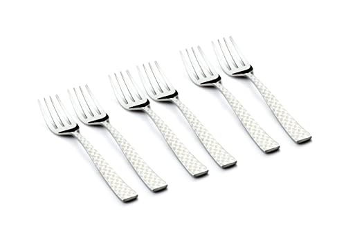 Set of six stainless steel dinner forks with geometric pattern handles shown on white background.